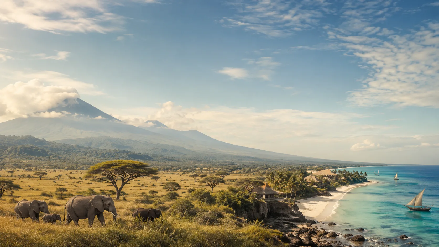 Savanne mit Elefanten, Küste und Kilimanjaro